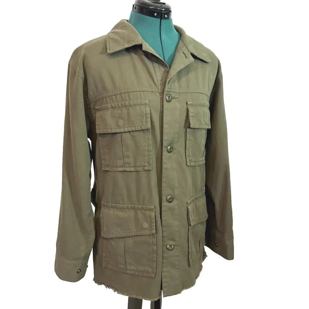 Moussy Olive Green Military Utility Button Front Jacket Logo Belted‎ Size Free